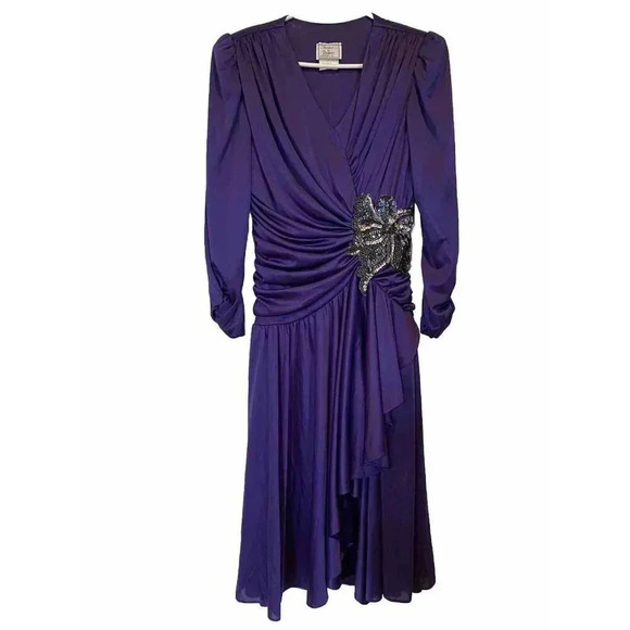 Petites By Demaro Vintage Dress Sz 11 Sequin Flower Purple Draped Embellished - Picture 2 of 16